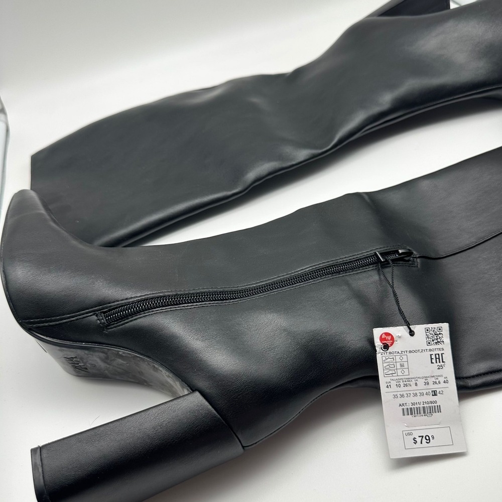 Zara Heeled Boots Womens Size 10 Black Pointed Toe Knee High 3011/210/800 NEW - Picture 3 of 8